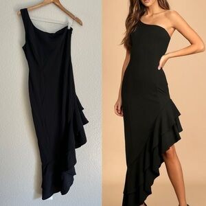 NWOT Steal a Glance Black One-Shoulder Asymmetrical Midi Dress